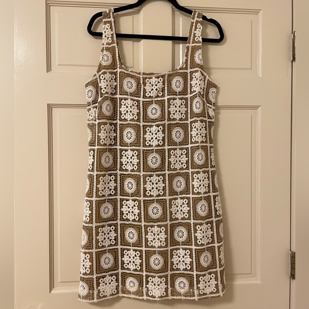 LOFT Beige and White Crochet Square-Motif Mini Dress